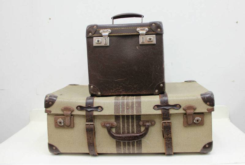 Suitcases cream and brown stacked small - Major and Minor - Wedding and Party Hire