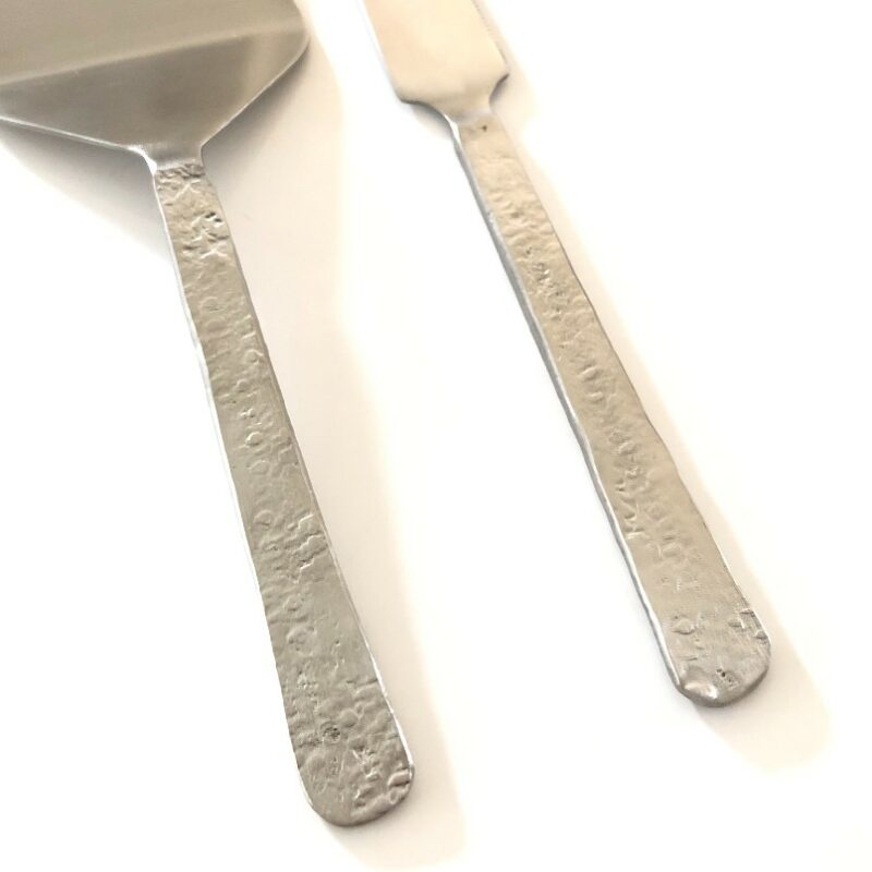 Cake Knife Set Beaten Silver Closeup | Wanaka Wedding Hire | Queenstown Wedding Hire
