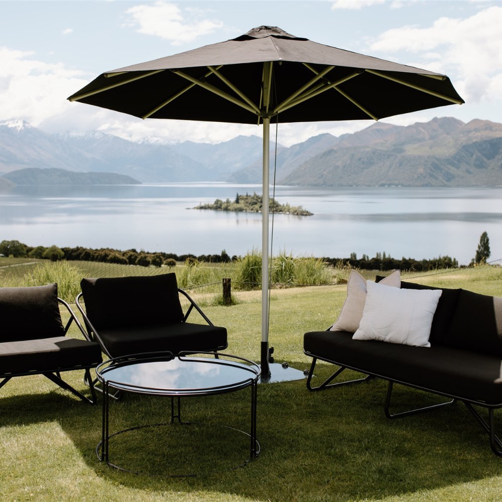 Black Outdoor Umbrella Styled Major and Minor Hire Wanaka