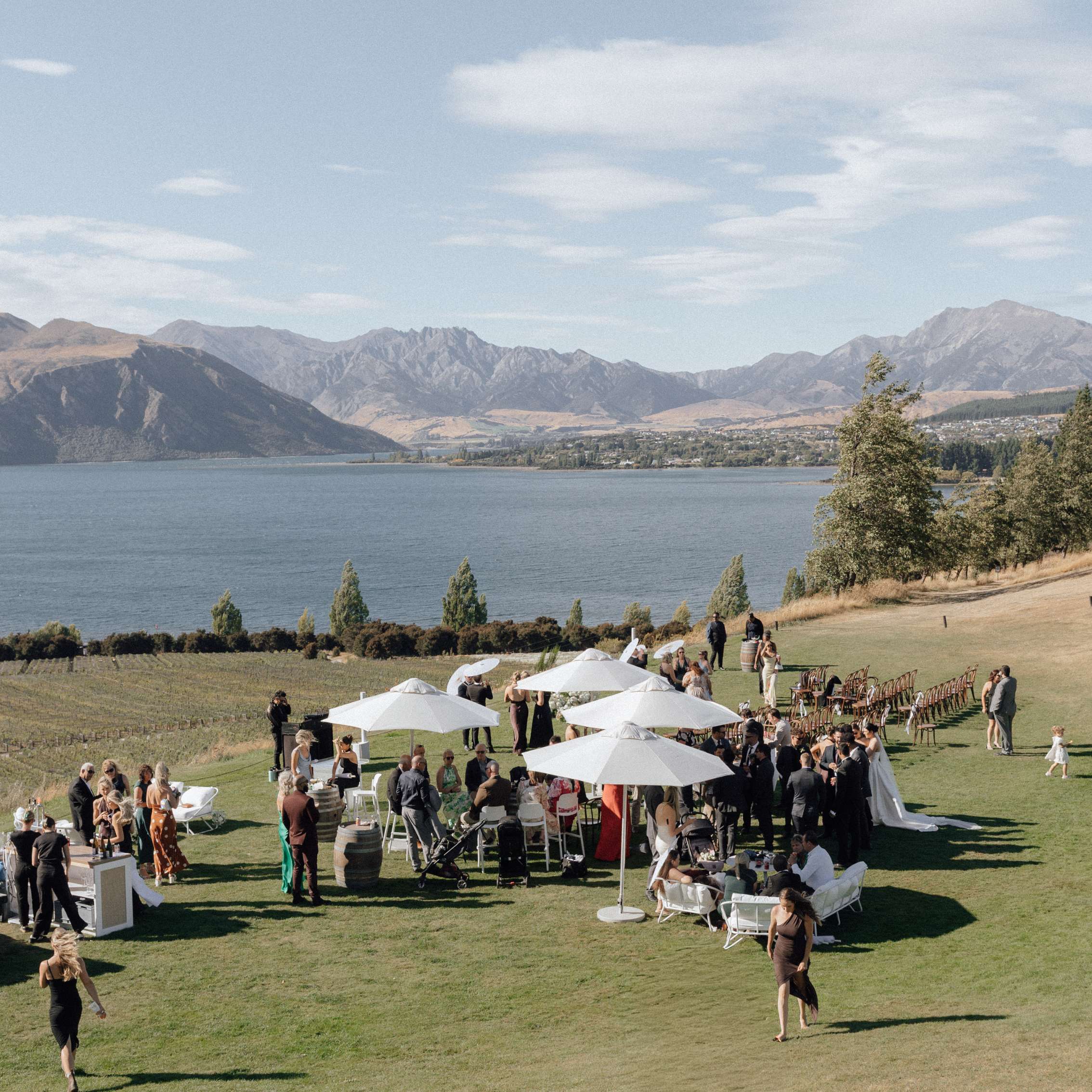 White Outdoor Umbrella Dressed Major and Minor Hire Wanaka Queenstown Event Hire